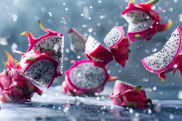 Photo slices of dragon fruit or pitaya that fly in a cinematic style