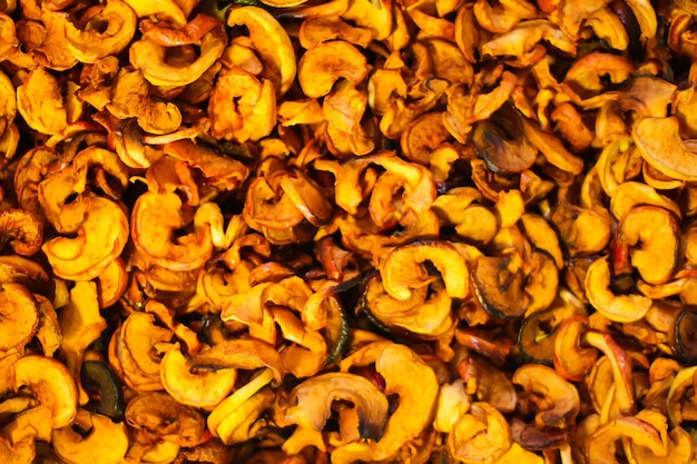 Slices of dried organic apples close up