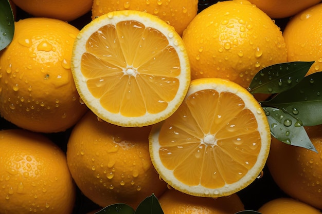 Slices of fresh ripe orange fruits with green leaves as a textural background, full screen close-up