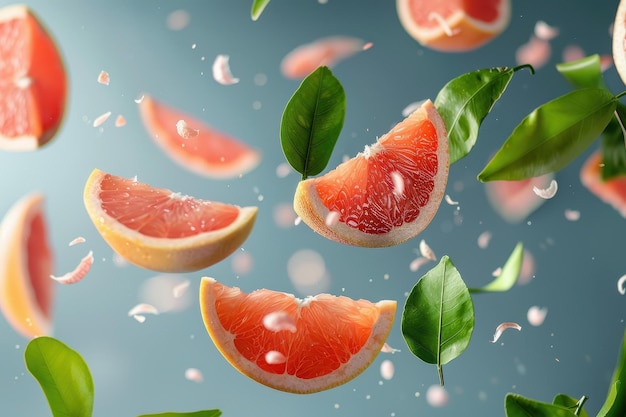 Slices of grapefruit and green leaves floating on grey backdrop