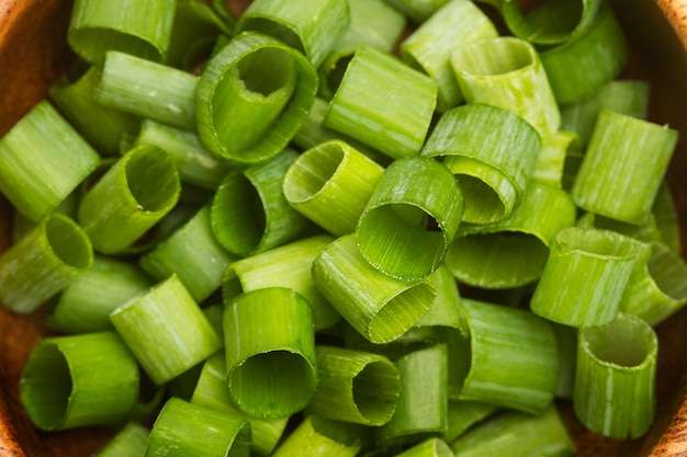 Slices of green onions in a close and top view