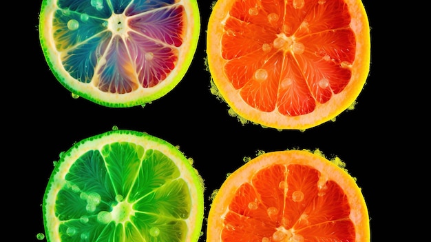 Slices of lemon lime orange and grapefruit on a black background AI generative