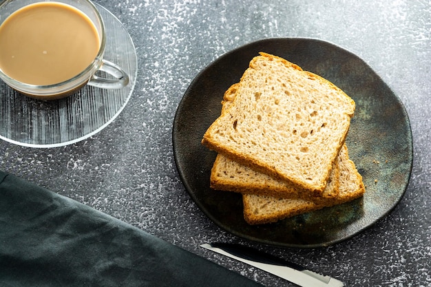 Slices of loaf bread or whole bread with natural fermentation in a breakfast scene