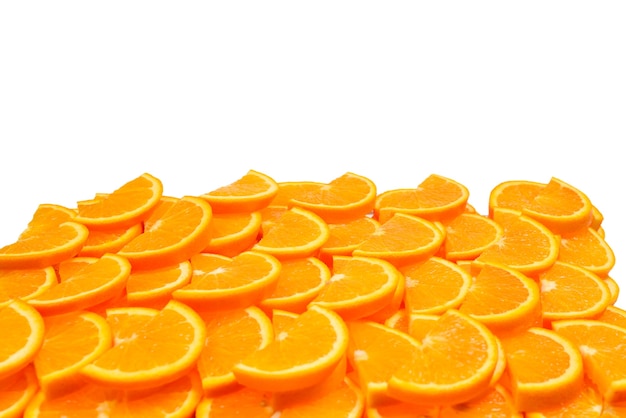 Slices of oranges as a background, top view.