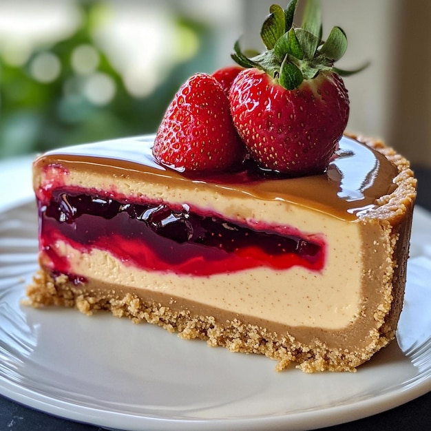 Photo slices of peanut butter and jelly cheesecake cake