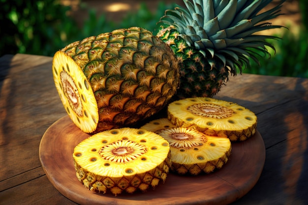 Slices of pineapple on a wooden table in a garden