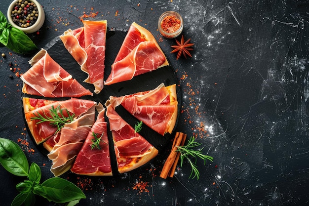 Slices of pizza with prosciutto and spices on black background copy space top view