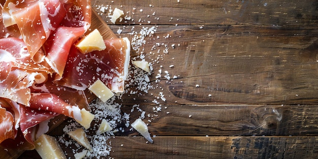 Photo slices of prosciutto di parma or jamon serrano elegantly displayed on a rustic wooden background embodying the essence of traditional european charcuterie