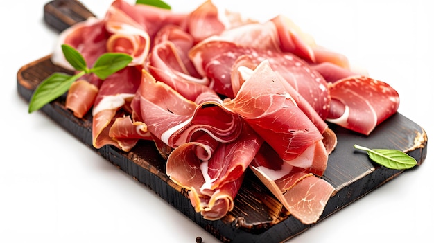 Photo slices of prosciutto di parma or jamon serrano iberico on a dark cutting board isolated on white