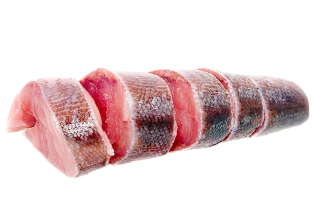 Slices of raw carp  on a white background.Isolated.