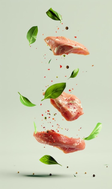 Photo slices of raw meat and spices levitating against a light background