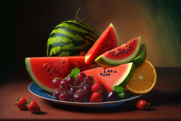 Slices of red watermelon and fresh fruit