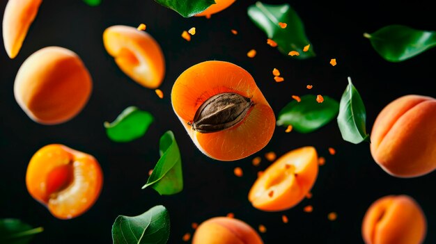 Photo slices of ripe apricots are suspended in the air surrounded by fresh leaves the vibrant orange color contrasts beautifully with the dark backdrop creating a striking visual effect