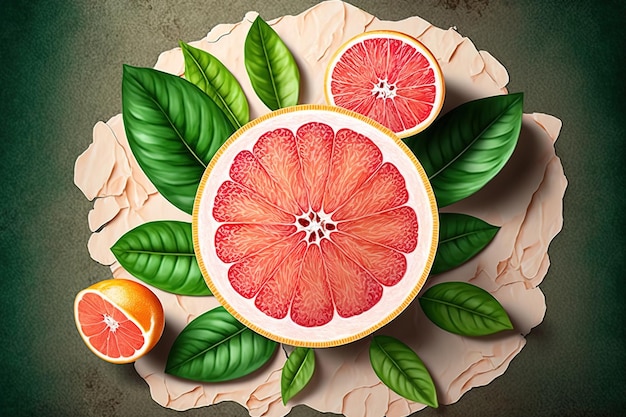 Slices of ripe fresh grapefruit with leaves