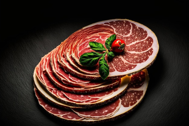 Slices of salami prosciutto and parma ham on a black background