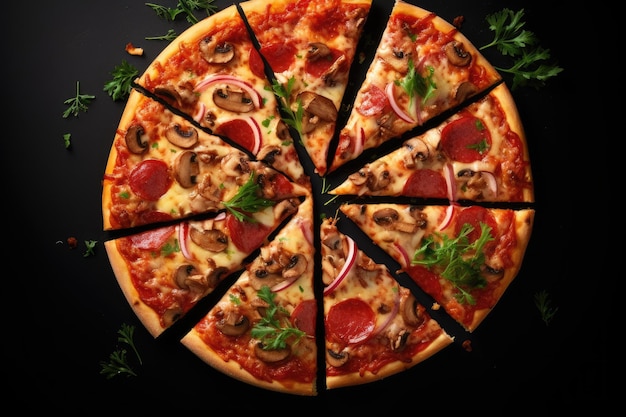 Slices of scrumptious pizza with mushrooms and ham on a dark background viewed from above