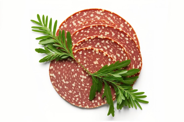 Slices of smoked salami on a white background with a clipping path Top view with room for your text to be copied Lay flat