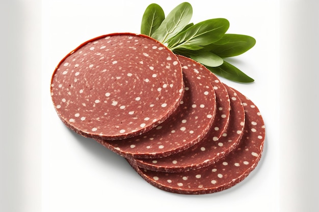 Slices of smoked salami on a white background