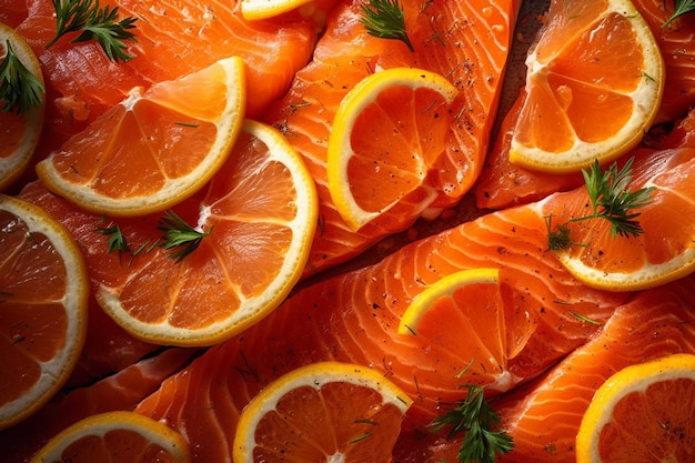 Slices of smoked salmon with lemon and parsley closeup