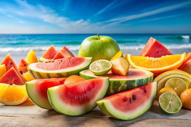 Photo slices of some fresh and delicious flying fruits on a beach background