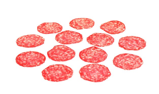 Photo slices of tasty salami sausage isolated on white layer for pizza