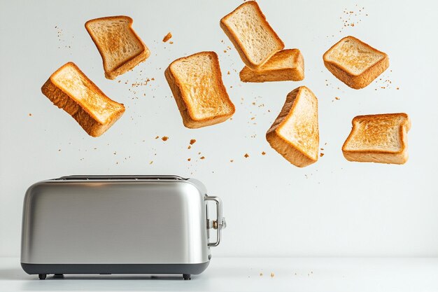 Photo slices of toast fly up from a silver toaster against a white background