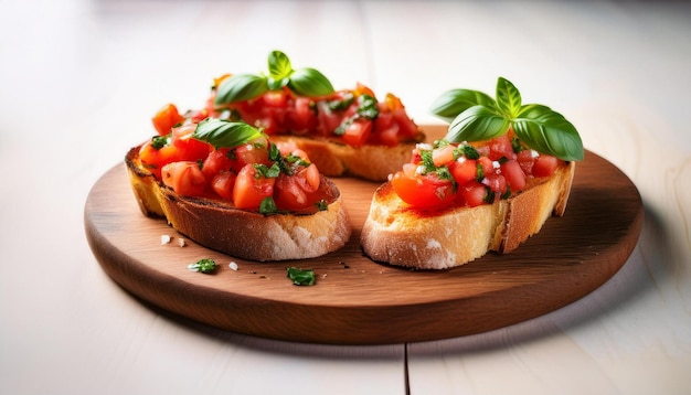 Slices of toasted baguette topped with a mixture of diced tomatoes fresh basil garlic