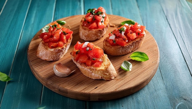 Slices of toasted baguette topped with a mixture of diced tomatoes fresh basil garlic