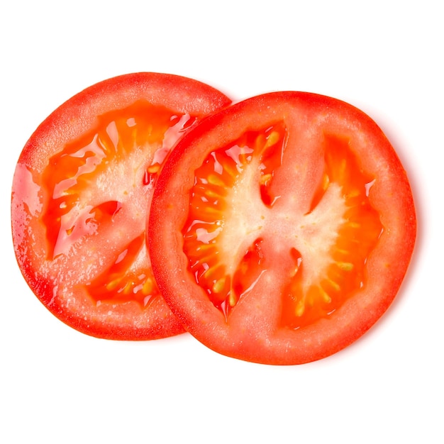 Slices of tomato isolated on white background Top view flat lay