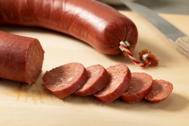 Slices of Turkish sausage sucuk close up