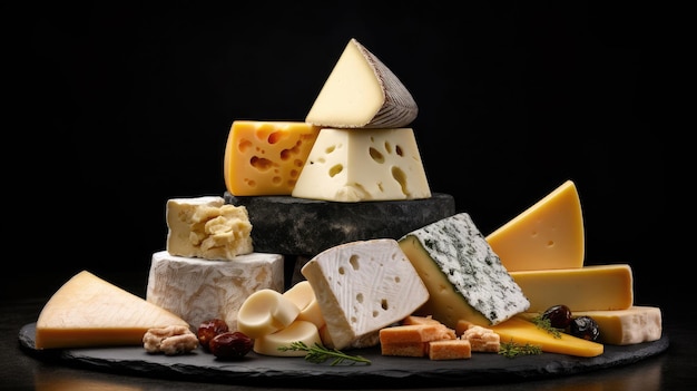 slices of various types of delicious cheese on a dark background