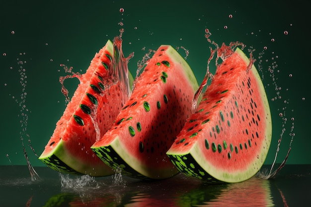 Slices of watermelon becoming wet on a green background