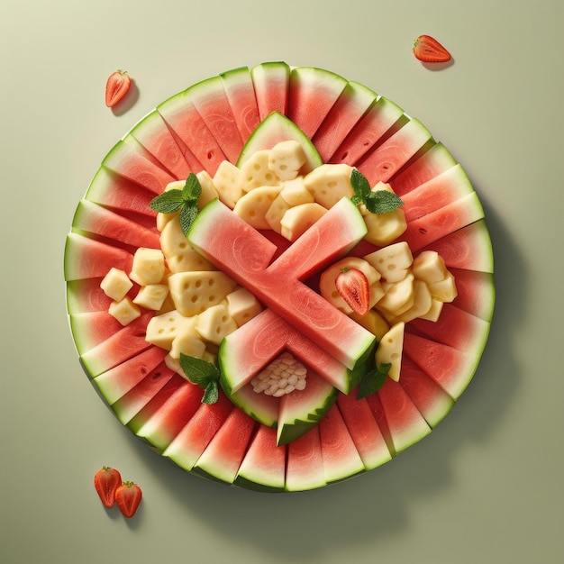 Slices of watermelon and cheese on plate top view