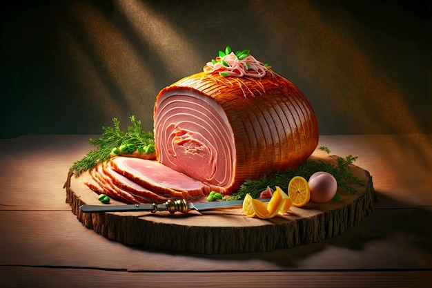 Slicing juicy delicious easter ham on wooden table