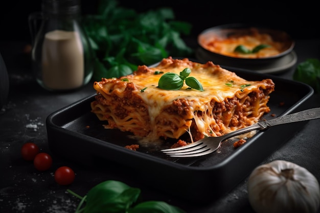 Slicing of Lasagna on a Black Ceramic Generative AI