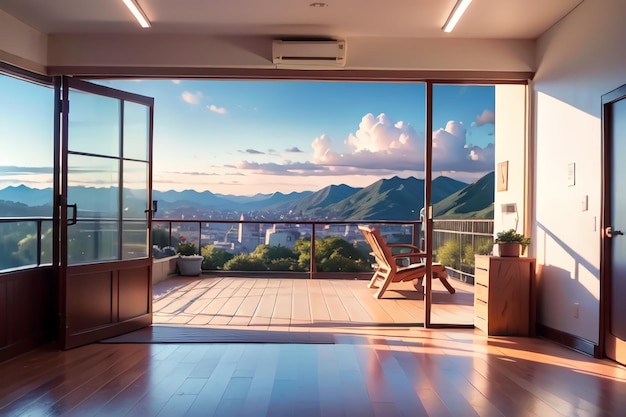 A sliding glass door with a view of a mountain range in the background.