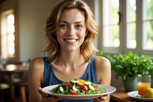 Slim fit young woman with vegan vegetarian meal of healthy salad