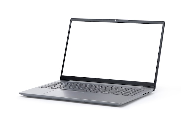 Slim modern laptop computer with blank screen isolated on white background. Silver Grey color. Clipping path.