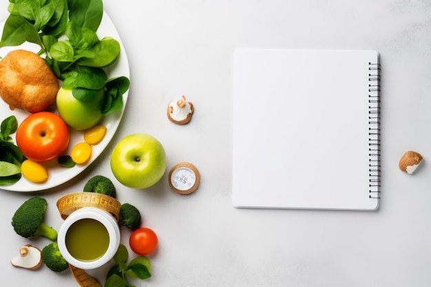 Photo slimming essentials white floor weight scales and nutritious diet menu a top view perspective