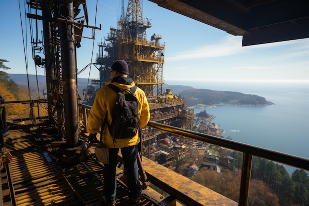 Slinger using crane to lift heavy load on oil platform in offshore drilling operation