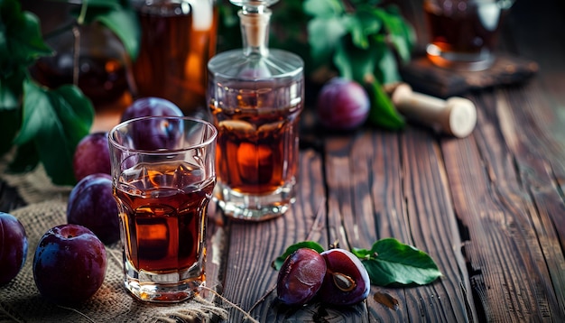 Photo slivovica plum brandy or plum vodka hard liquor strong drink in glasses on old wooden table fresh plums copy space