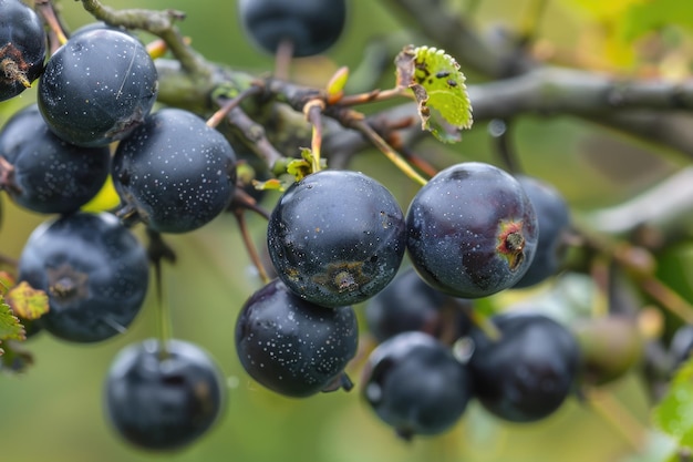 Photo sloe berry closeup berries on blackthorn bush in summer