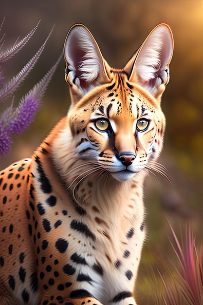 Slose up portrait of a beautiful serval Dangerous predator in natural habitat Digital artwork