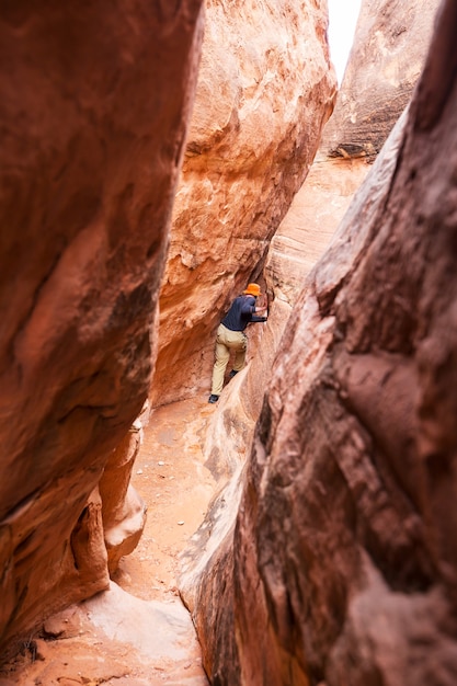 Slot canyon in Grand Staircase Escalante National park, Utah, USA. Unusual colorful sandstone formations in deserts of Utah are popular destination for hikers.