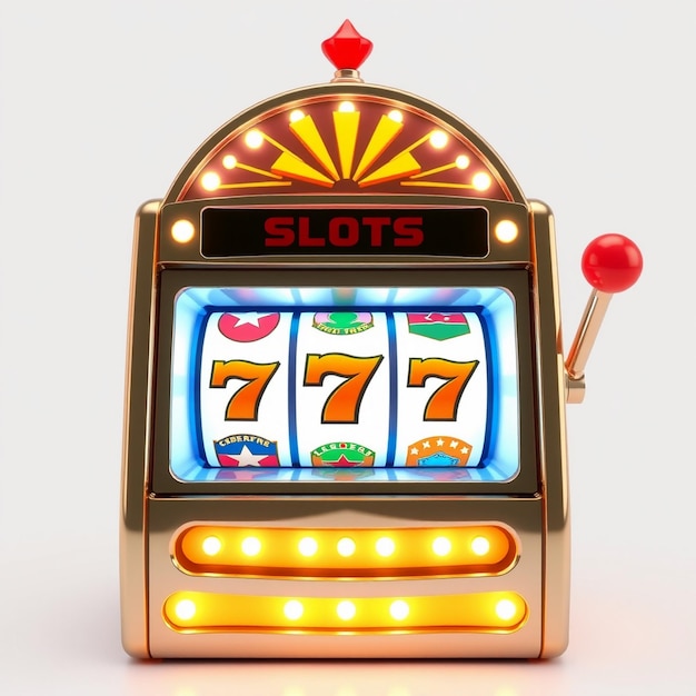 Slot machine on neon lightgradientwhite background 3D rendering Computer digital drawing