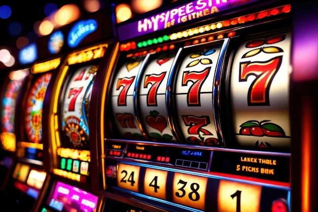 Slot machine screen with virtual visual effect Blurred casino on background