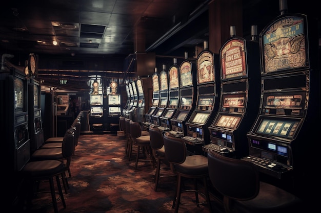 Slot machines in a casino with a sign that says'casino '