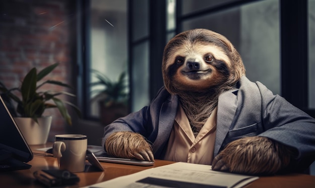 Sloth in business attire collaborates at desk amidst tech and playful elements AI Generative