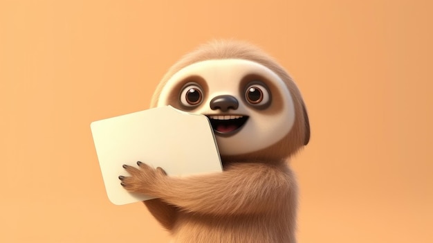 A sloth eating a white card with a brown background.