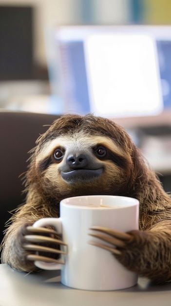 A sloth enjoying a cup of coffee on a table in a wildlife event